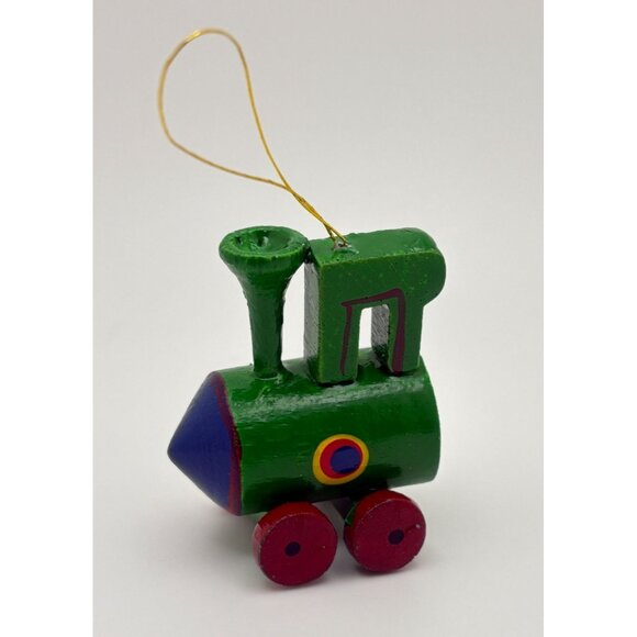 Vintage Wooden Train Christmas Tree Ornament Green Hand Painted - Picture 2 of 7